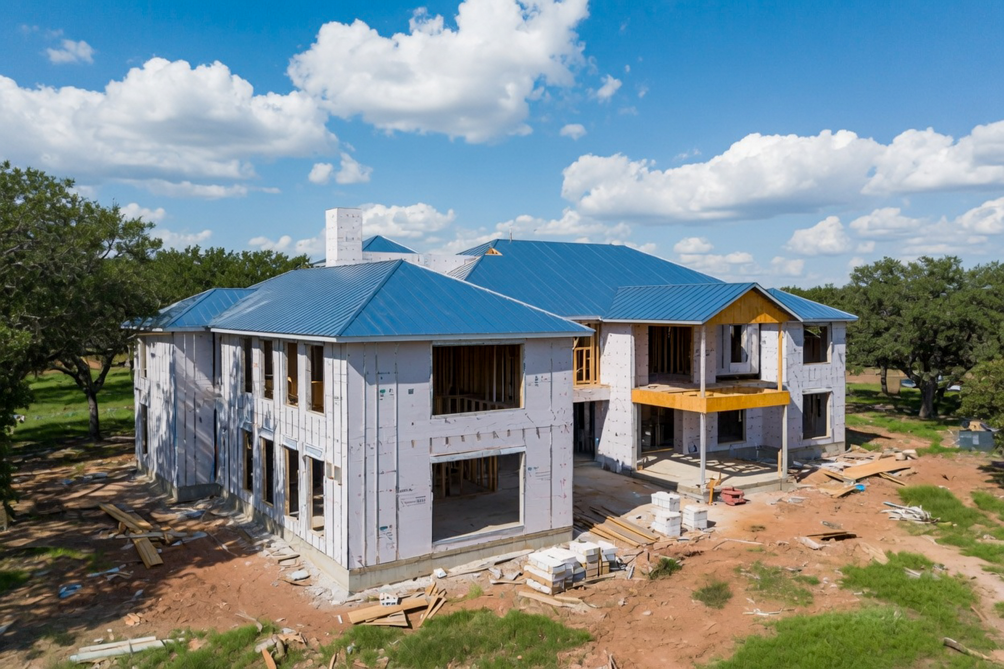 Construction progress drone photo Texas hill country home