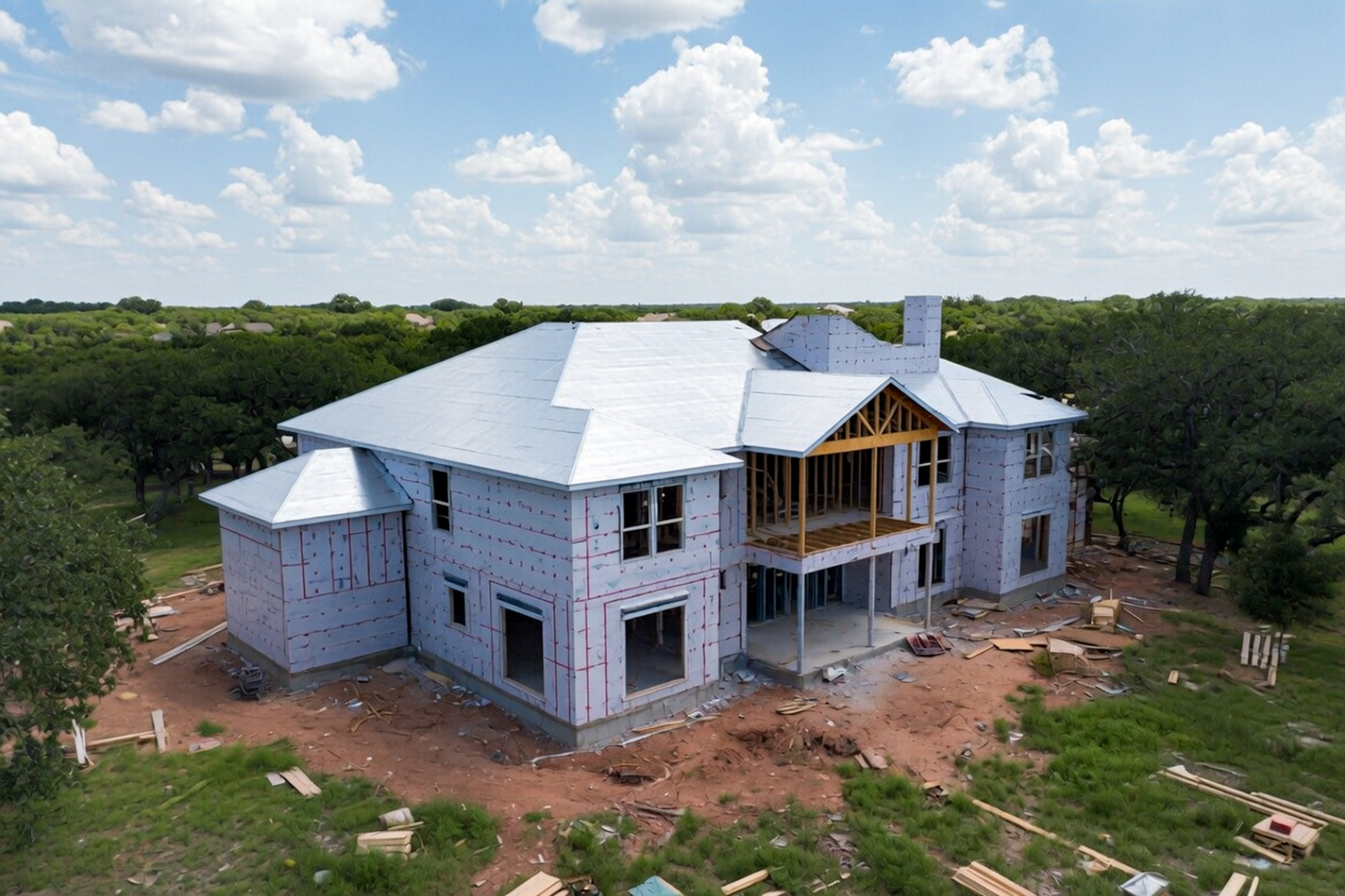 Construction progress drone photo Texas hill country home