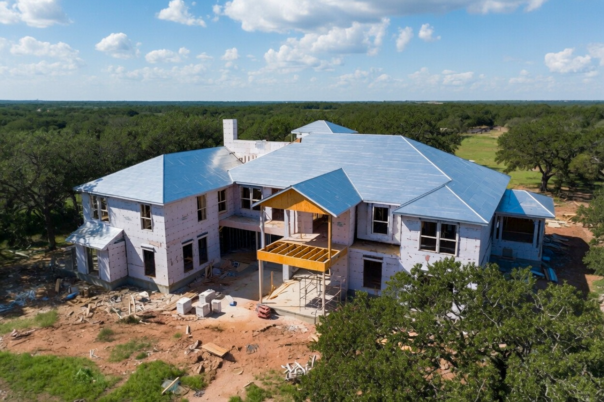 Construction progress drone photo Texas hill country home
