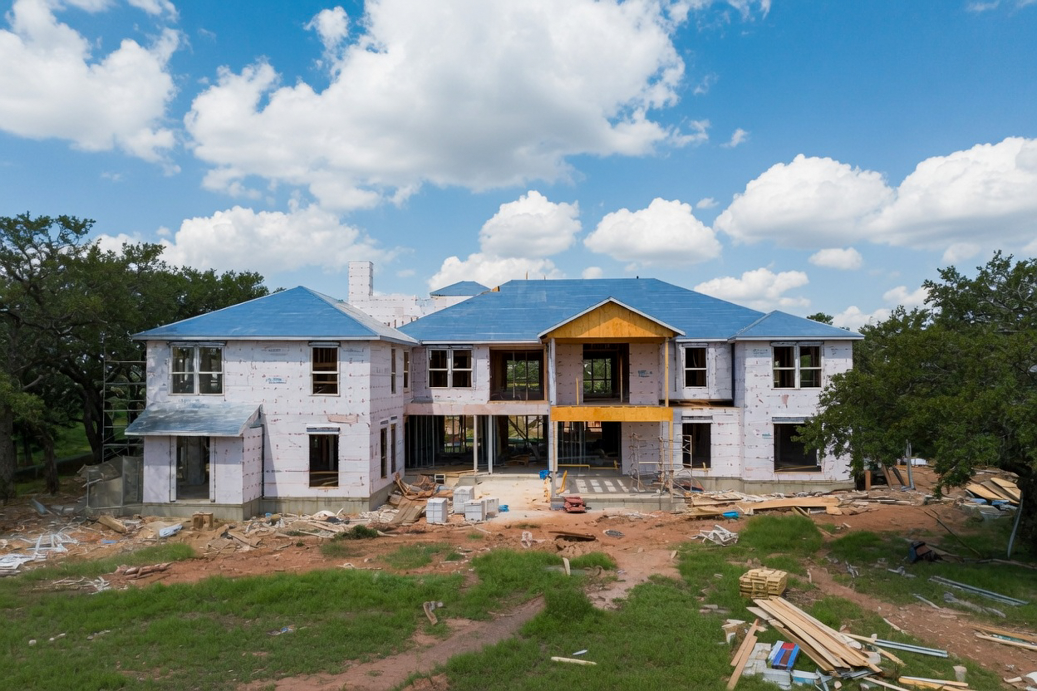 Construction progress drone photo Texas hill country home