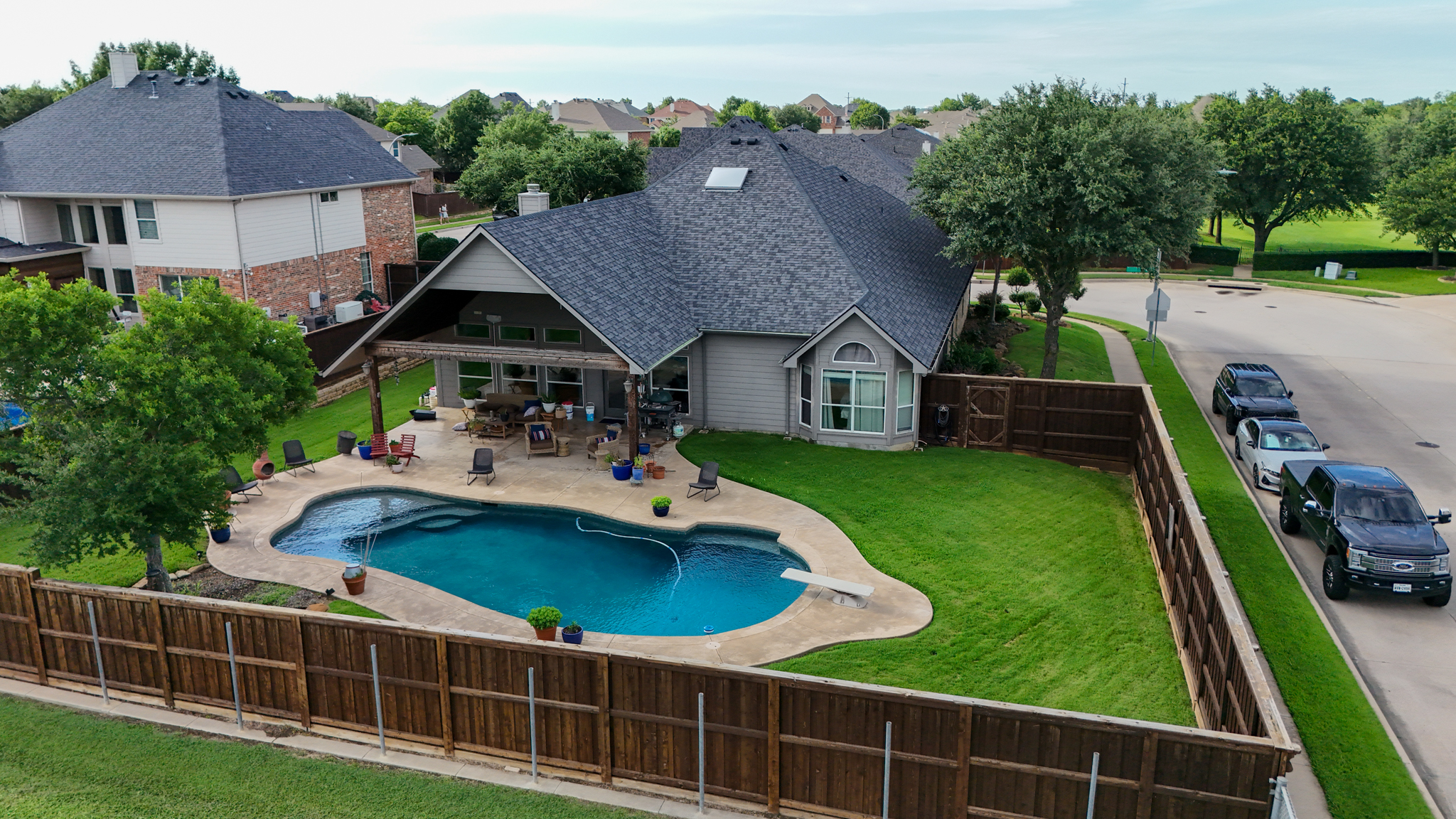 Real estate aerial drone photography DFW backyard pool